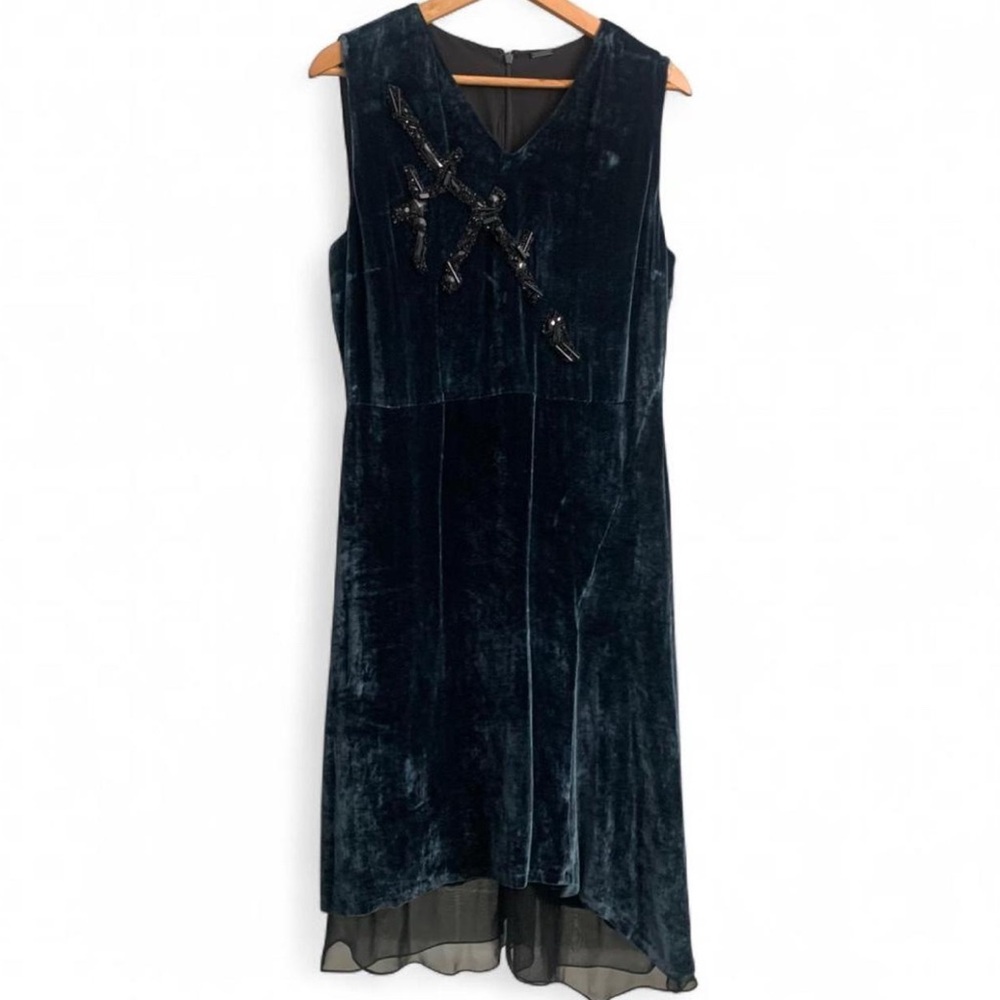 Elie Tahari Teresa Navy Velvet beaded V-neck shift party dress size 10 goth